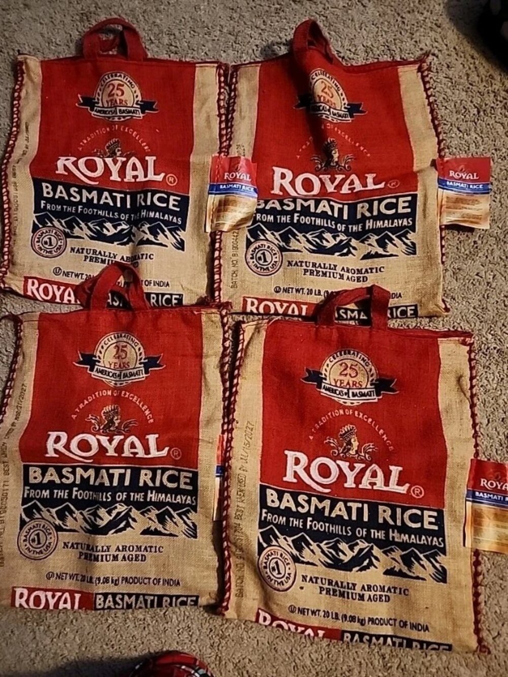 Royal Rice Bag Burlap Handles Zipper Heavy Duty 25th Anniversary Emply Lot Of 4